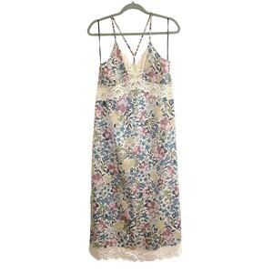 CERULE Floral Lace Trim Midi Slip Dress V-Neck Crisscross Back Size M